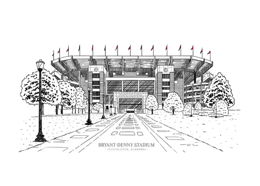 Bryant Denny Stadium 5x7 Art Print - University of Alabama Ink Drawing