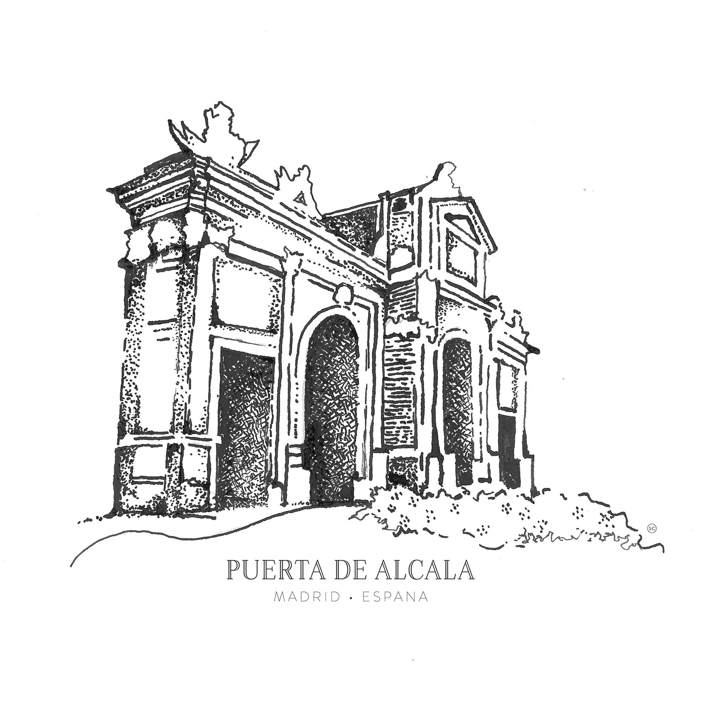 Puerta de Alcalá: Elegant Tribute to Madrid's Historic Gateway - 5x7 Ink Drawing